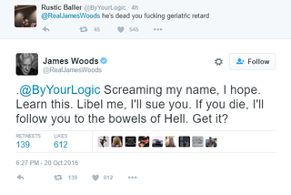 Illustration for article titled Now you can call James Woods a cokehead on Twitter and he’ll never even know